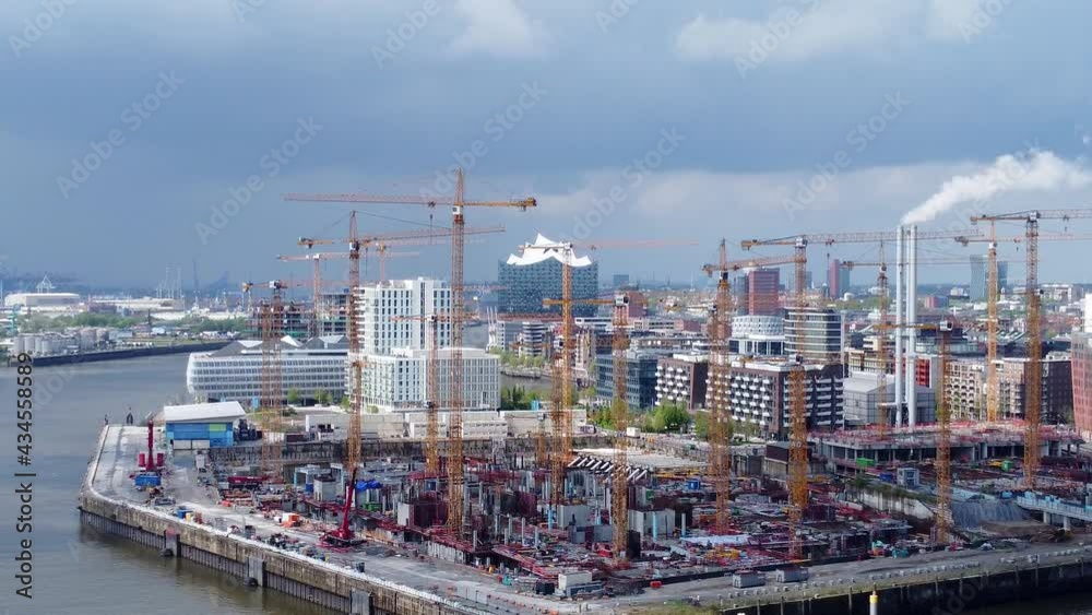 Aerial view over modern Harbour City district in Hamburg at the port - aerial photography Aerial view over modern Harbour City district in Hamburg at the port - aerial photography