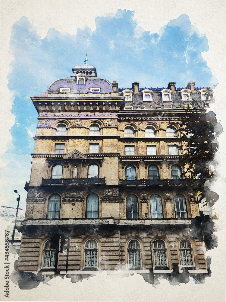 Watercolor building in London city