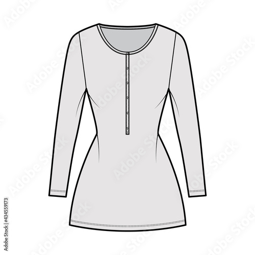 Dress henley collar technical fashion illustration with long sleeves, fitted body, mini length pencil skirt. Flat apparel front, grey color style. Women, men unisex CAD mockup