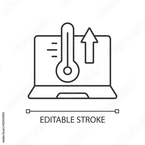 Computer overheat linear icon. High processor temperature. Hot notebook, cooling system issue. Thin line customizable illustration. Contour symbol. Vector isolated outline drawing. Editable stroke