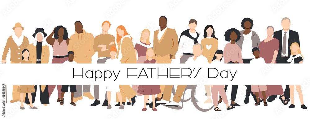 Happy Father's Day card. Multicultural group of mothers and fathers with kids. Flat vector illustration.	
