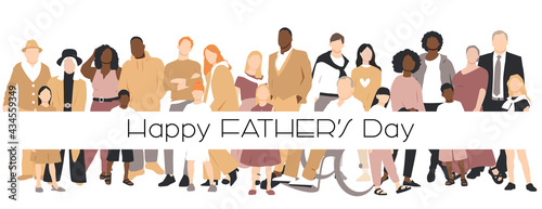 Happy Father's Day card. Multicultural group of mothers and fathers with kids. Flat vector illustration.	
