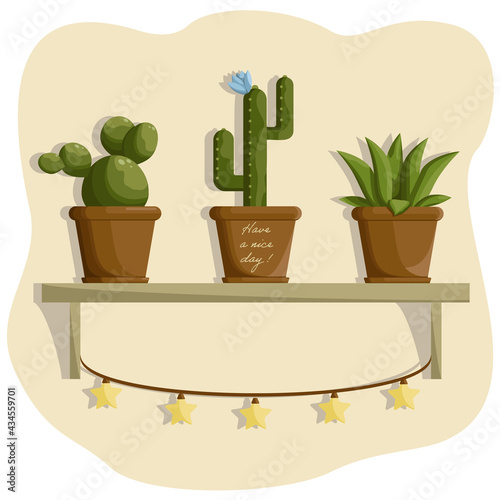 flowerpots on the shelf in the room, wall decor, cactus in pots, cozy room with sunlight, green plants in the house