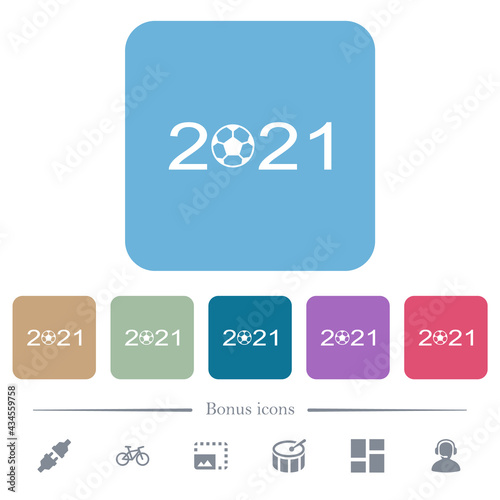 Soccer tournament 2021 flat icons on color rounded square backgrounds