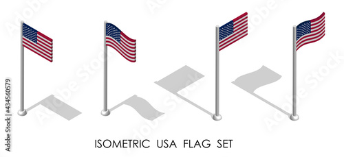 isometric flag of United States of America in static position and in motion on flagpole. 3d vector