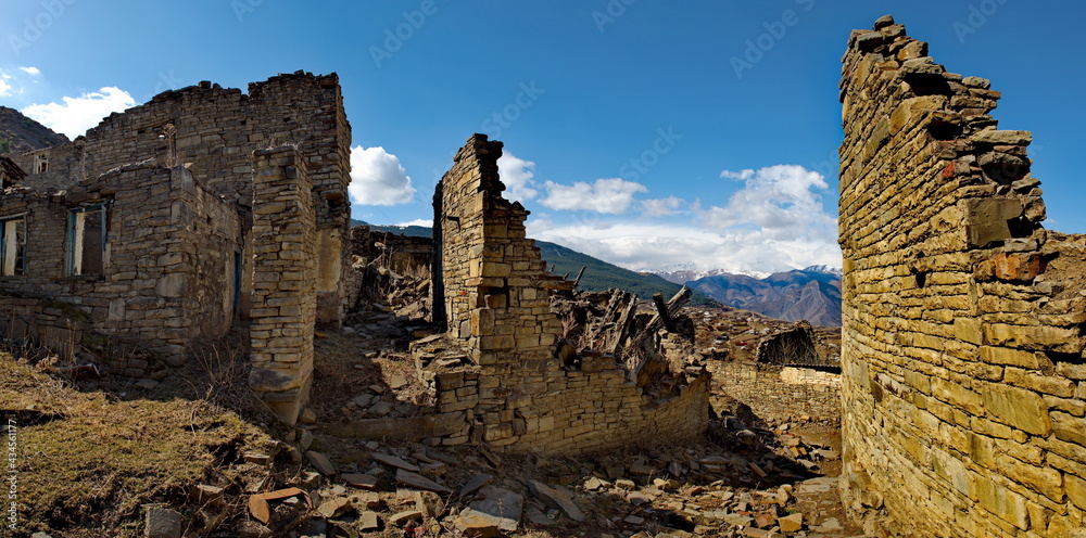 Russia. North-Eastern Caucasus,  Dagestan. The stone houses of the abandoned part of the mountain village of Khushtada destroyed by time. Traditionally, all houses and fences are made of rock.Russia. 
