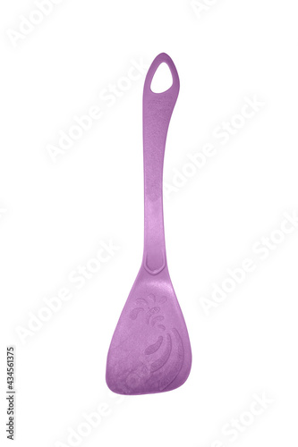 Plastic cooking spatula for cooking on a white background.Kitchen spatula made of plastic top view.