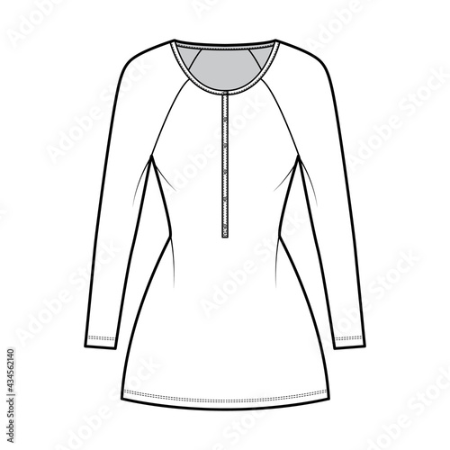 Dress henley collar technical fashion illustration with long raglan sleeves, fitted body, mini length pencil skirt. Flat apparel front, white color style. Women, men unisex CAD mockup