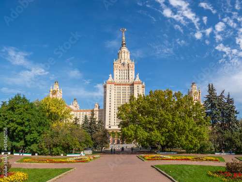 Autumn view of the Lomonosov State University, building and sightseeing in Moscow.