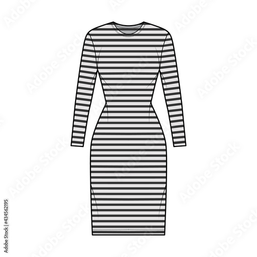 Dress sailor technical fashion illustration with stripes, long sleeves, fitted body, knee length pencil skirt. Flat apparel front, grey color style. Women, men unisex CAD mockup