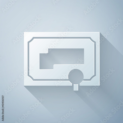 Paper cut Certificate template icon isolated on grey background. Achievement, award, degree, grant, diploma concepts. Paper art style. Vector Illustration