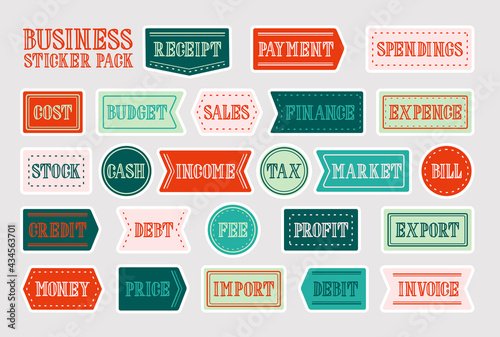 Set of multicolor vector business stickers with white frames for web and graphic design made of labels with business words composed with hand drawn letters