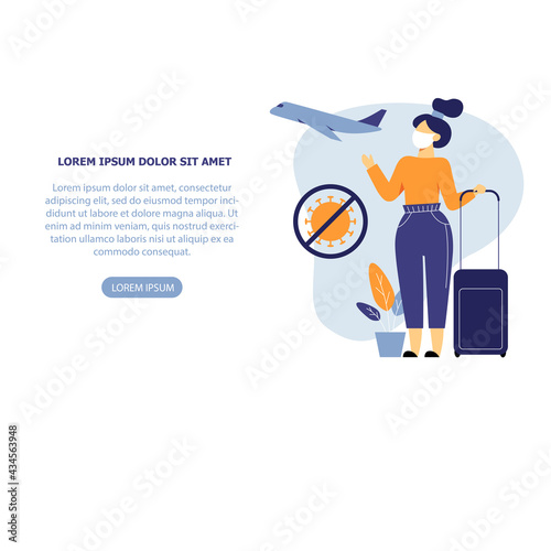 A vector image of a woman with a suitcase ready for safe traveling. Covid vaccination image.