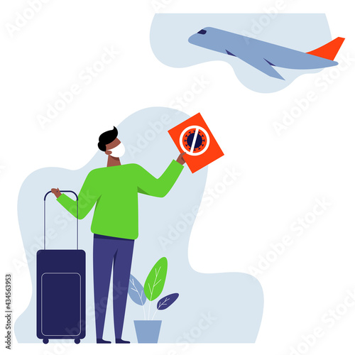 A vector image of a black man with a vaccination sertificate ready for safe traveling. Covid vaccination image.