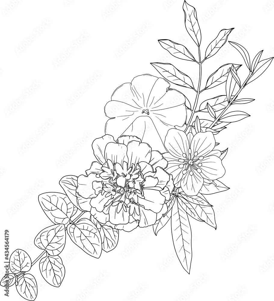Fototapeta premium モノクロの花と葉っぱの繊細な装飾 ベクター素材