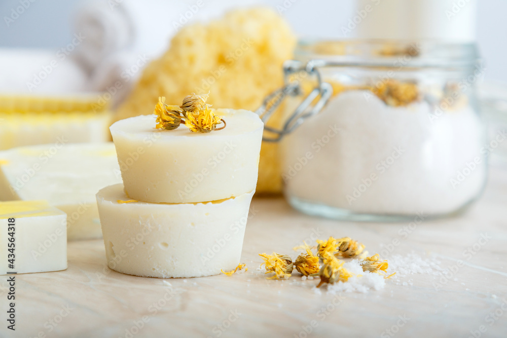 Solid shampoo bar many and handmade soap round bars with herbs dry