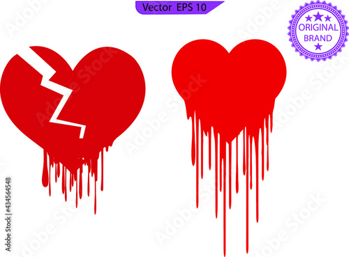 Red heartbreak,  flat drip heart  icon for apps, print and websites. Heart icon cracks in the middle of the heart, transparent  background . 