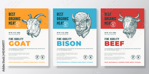 Best Organic Meat Vector Packaging Design or Label Templates Set. Farm Grown Steaks Banners. Modern Typography and Hand Drawn Cow, Bison and Goat Head Silhouettes Backgrounds Layout Collection