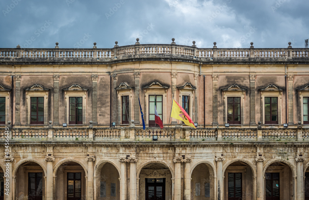 Front view of Palazzo Ducezio building in historic part of Noto city, Sicily in Italy