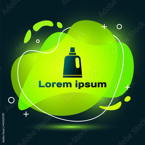 Black Plastic bottle for laundry detergent, bleach, dishwashing liquid or another cleaning agent icon isolated on black background. Abstract banner with liquid shapes. Vector