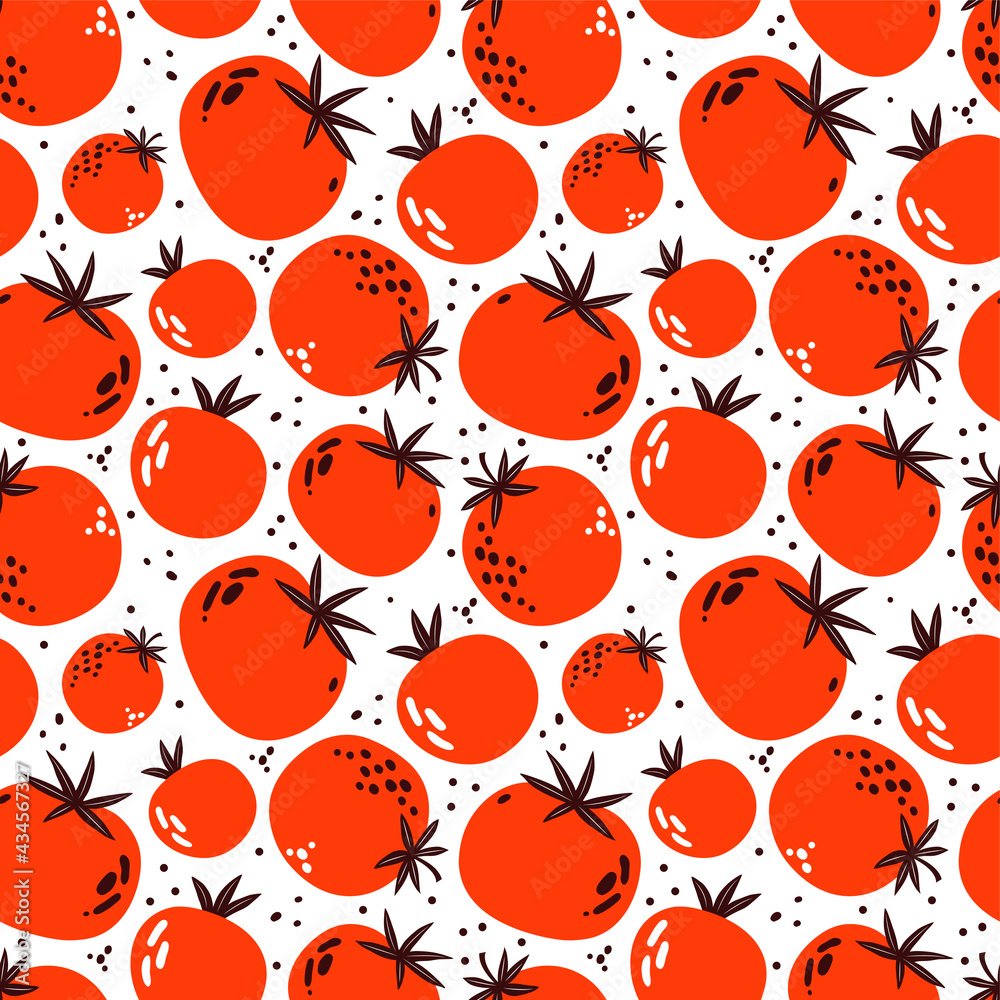 Seamless Pattern of red and pink tomatoes. Ripe vegetables on a white background. Vegetarian healthy food vector texture. Vegan, farm, organic, detox. Hand drawn illustration in a trendy simple style Seamless Pattern of red and pink tomatoes. Ripe vegetables on a white background. Vegetarian healthy food vector texture. Vegan, farm, organic, detox. Hand drawn illustration in a trendy simple style