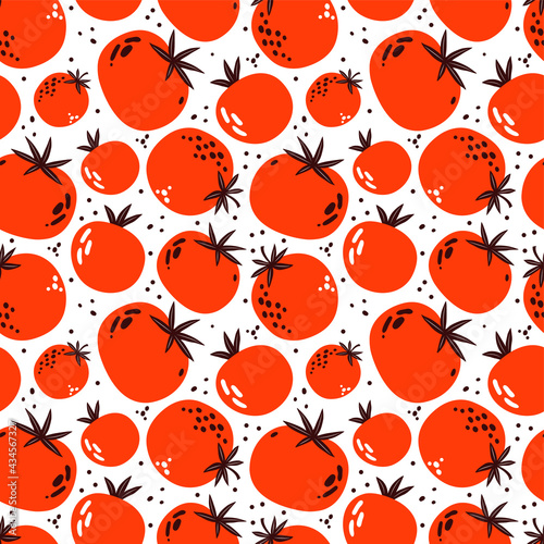 Seamless Pattern of red and pink tomatoes. Ripe vegetables on a white background. Vegetarian healthy food vector texture. Vegan, farm, organic, detox. Hand drawn illustration in a trendy simple style