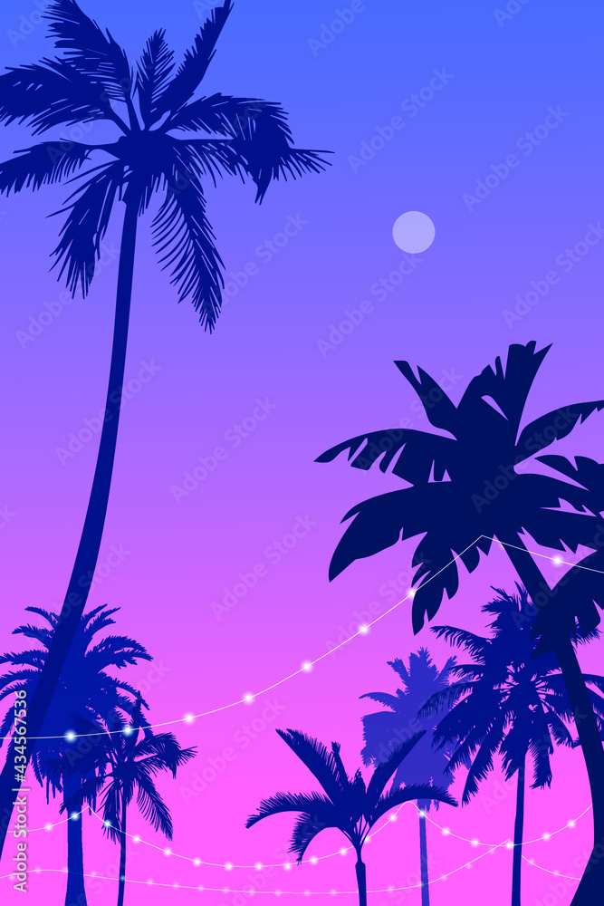 Vector illustration, image of palm trees on a warm summer evening