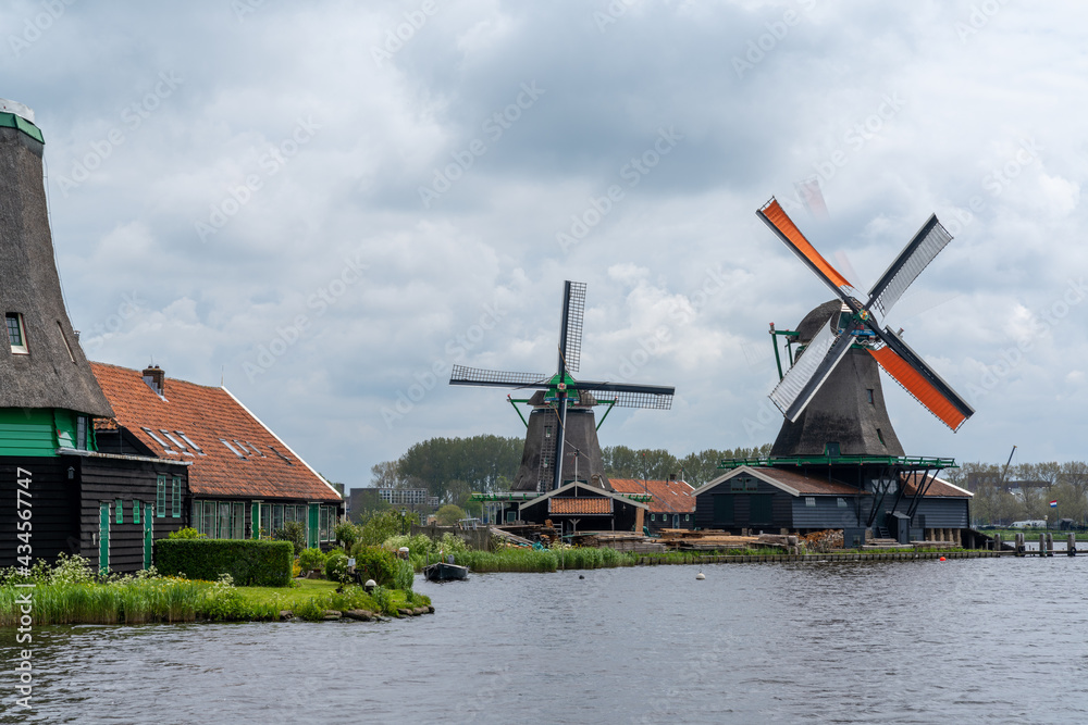 view of the historic windmills at Zaanse Schaans in North Holland