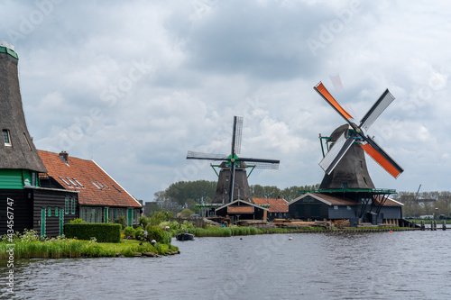 view of the historic windmills at Zaanse Schaans in North Holland