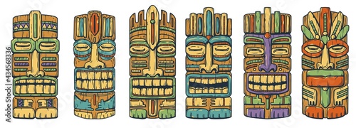 Tiki mask for hawaii surfing bar. Traditional ethnic idol set of maori or polynesian. Tribal totem