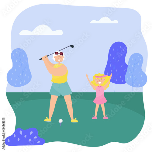 Grandmother plays golf with her granddaughter. The family spends time together.