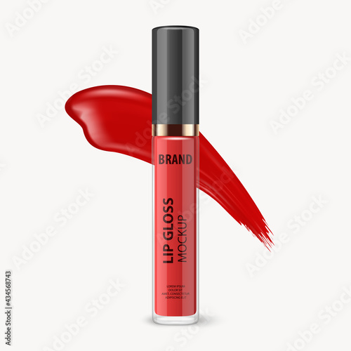 Vector 3d Realistic Closed Red Lip Gloss, Lip Stick Package, Black Cap, Lid, Lipstick Stroke Isolated. Glass Container, Tube, Lid, Brush. Plastic Transparent Bottle Design Template, Mockup. Front View