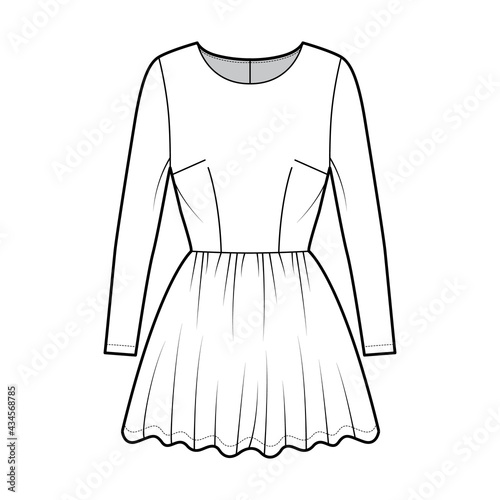 Dress short technical fashion illustration with long sleeve, fitted body, mini length full skirt. Flat apparel front, white color style. Women, men unisex CAD mockup