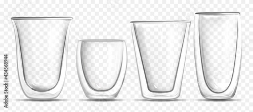 Vector realistic glass empty different shapes cup on transparent background. 3d glassware for hot drinks, water, juice, bar beverage and alcohol. Template for branding, advertising or product design.