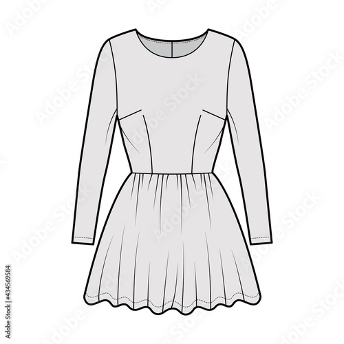 Dress short technical fashion illustration with long sleeve, fitted body, mini length full skirt. Flat apparel front, grey color style. Women, men unisex CAD mockup