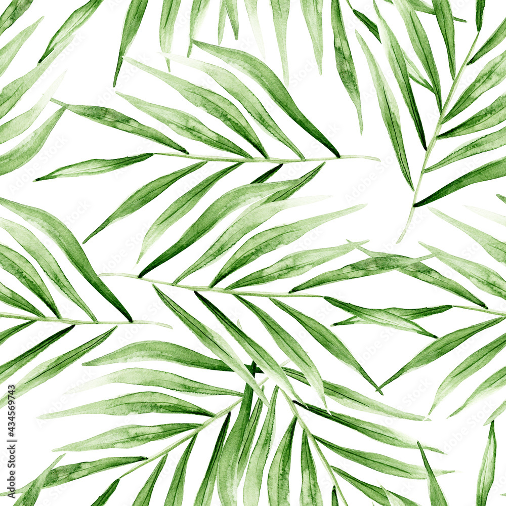 Obraz premium Palm branch leaves tropical watercolor seamless pattern. Template for decorating designs and illustrations.