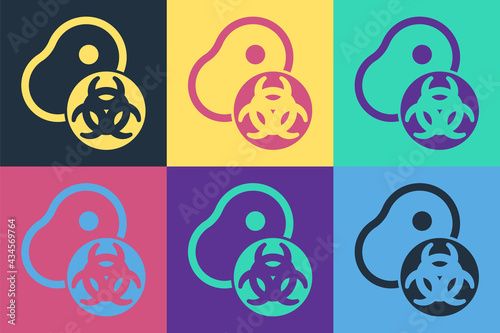 Pop art Genetically modified meat icon isolated on color background. Syringe being injected to meat. Vector
