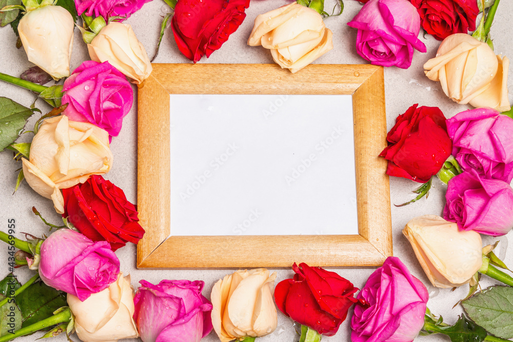 custom made wallpaper toronto digitalMulticolored fresh roses and a wooden frame on light stone background