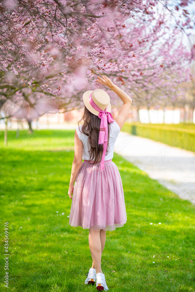 Beautiful woman in straw hat walking in a summer garden with blooming cherry trees. Girl wearing a pink long skirt Beautiful woman in straw hat walking in a summer garden with blooming cherry trees. Girl wearing a pink long skirt