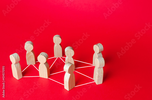Network of people connected by lines. Team interconnected relations. Communication, information exchange. Social connections interaction. Team building organization. Cooperation and collaboration.