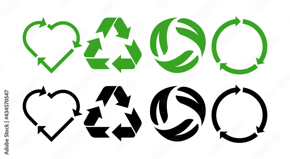Fototapeta premium Recycling.Set recycle icons sign.Recycle logo or symbol.Vector green and black icons for packaging , recycling.ecology, eco friendly, environmental management symbols.