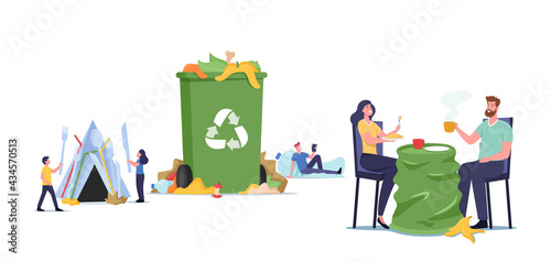 Plastic Pollution. People Living in Garbage and Mess, Untidiness, Unsanitary Conditions. Characters with Trash around
