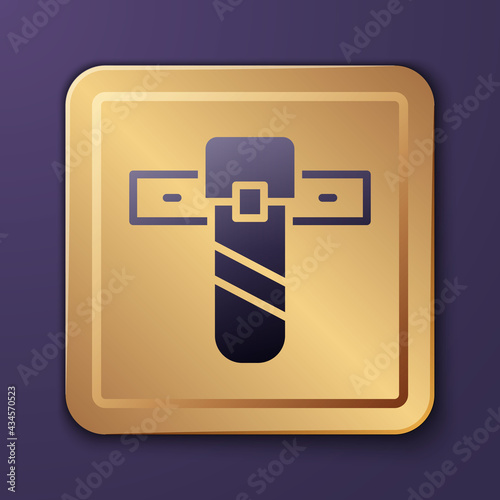 Purple Knife holster icon isolated on purple background. Gold square button. Vector
