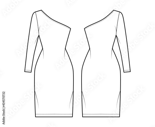 Dress one shoulder technical fashion illustration with long sleeve, fitted body, knee length pencil skirt. Flat apparel front, back, white color style. Women, men unisex CAD mockup