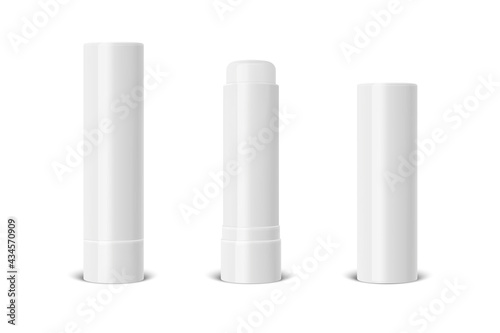 Vector Realistic 3d White Blank Closed, Opened Lip Balm Stick, Hygienic Lipstick Packaging Set Isolated. Design Template for Graphics, Vector Mockup. Cosmetic, Beauty, Makeup Concept. Front View