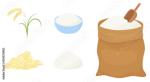 Bag of flour , shovel and ears of wheat isolated on white. Vector cartoon illustration.. Vector cartoon illustration.