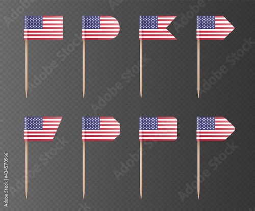 USA toothpick flags isolated on a dark background. Decoration for Independence day 4th July.