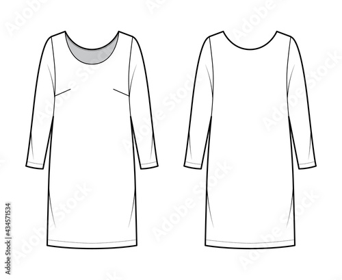 Dress shift chemise technical fashion illustration with long sleeves, oversized body, knee length pencil skirt. Flat apparel front, back, white color style. Women, men unisex CAD mockup