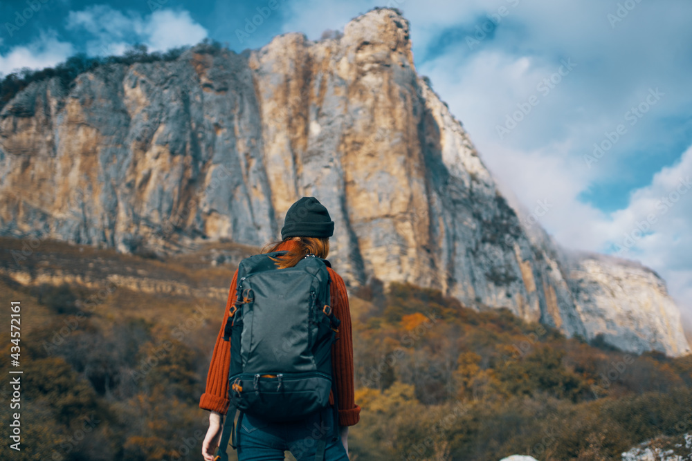 woman hiker walk nature mountains travel freedom woman hiker walk nature mountains travel freedom