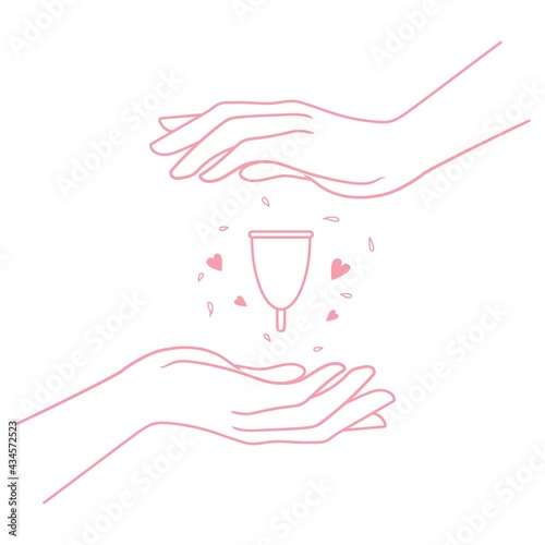 Woman's hands hold menstrual cup. Vector illustration